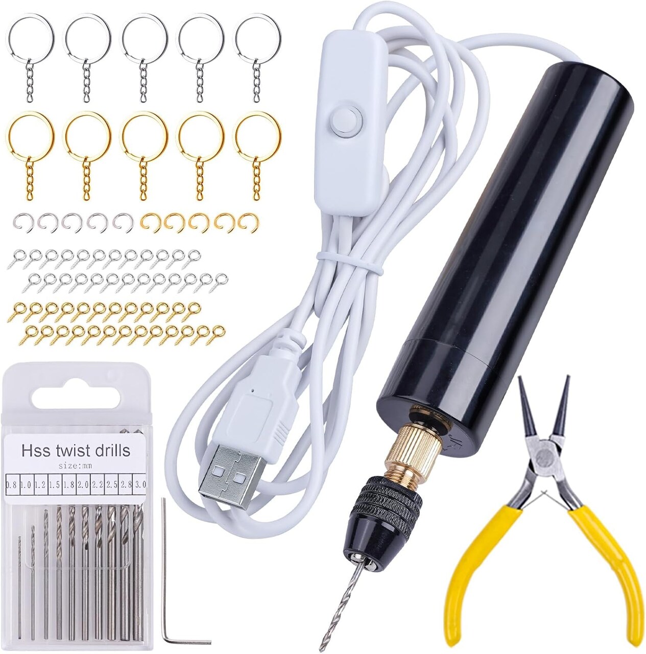 Electric Drill, 74Pcs Hand Drill with 3-Jaw Clamp-Applicable to A Larger Drilling Range (0-3mm), Keychain Making Kit, Jewelry Making Kit, Grip Nose Pliers, Jewelry tools, for Resin